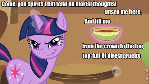 Size: 500x281 | Tagged: a bird in the hoof, bowl, derpibooru import, edit, edited screencap, food, glowing horn, hub logo, image macro, levitation, macbeth, magic, safe, screencap, shakespeare, smiling, smirk, solo, soup, telekinesis, twilight sparkle