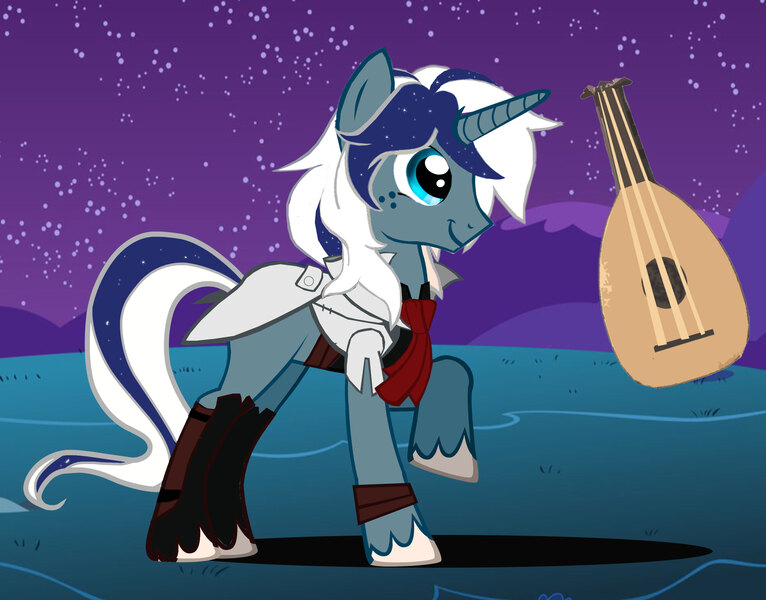 Size: 3320x2600 | Tagged: safe, derpibooru import, oc, unofficial characters only, pony, unicorn, clothes, high res, lute, musical instrument, musician, night