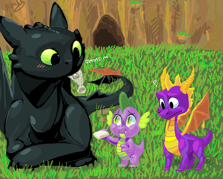 Size: 900x720 | Tagged: artist:raiilynezz, crossover, derpibooru import, dragon, eating, fish, how to train your dragon, night fury, nom, safe, spike, spyro the dragon, toothless the dragon