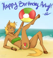 Size: 712x789 | Tagged: anthro, artist:cartoonlion, beach ball, breasts, derpibooru import, finger hooves, happy birthday, hooves, oc, oc:beach ball, suggestive, unguligrade anthro, unofficial characters only
