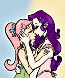 Size: 450x537 | Tagged: safe, artist:katez-chan, derpibooru import, fluttershy, rarity, clothes, dress, female, flarity, humanized, kissing, lesbian, shipping