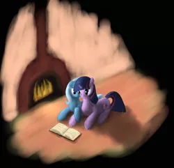 Size: 2408x2324 | Tagged: artist:vabla, book, derpibooru import, female, fireplace, high res, lesbian, safe, shipping, trixie, twilight sparkle, twixie