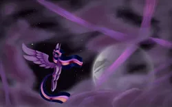 Size: 1024x640 | Tagged: safe, artist:crux9011, derpibooru import, princess twilight 2.0, twilight sparkle, twilight sparkle (alicorn), alicorn, pony, moon, spread wings, wings