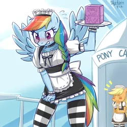 Size: 800x800 | Tagged: suggestive, artist:skykain, derpibooru import, applejack, rainbow dash, anthro, earth pony, pegasus, apron, blushing, blush sticker, bow, breasts, choker, clothes, collar, cuffs (clothes), dress, drink, female, maid, maidjack, rainbow maid, socks, striped socks, thumbs up, waitress, zettai ryouiki