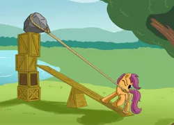 Size: 2892x2077 | Tagged: artist:otakuap, crate, derpibooru import, high res, pond, rock, rope, safe, scootaloo, scootaloo can't fly, seesaw, solo, this will end in tears, water