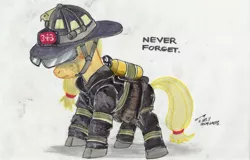 Size: 800x513 | Tagged: 343, 9/11, applejack, artist:buckweiser, crying, derpibooru import, fdny, firefighter, firefighting, mouthpiece, never forget, sad, safe, somber