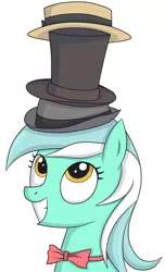 Size: 730x1200 | Tagged: safe, artist:kamikazexyz, derpibooru import, lyra heartstrings, pony, unicorn, bowler hat, bowtie, bust, grin, hat, portrait, simple background, smiling, solo, team fortress 2, top hat, towering pillar of hats, white background
