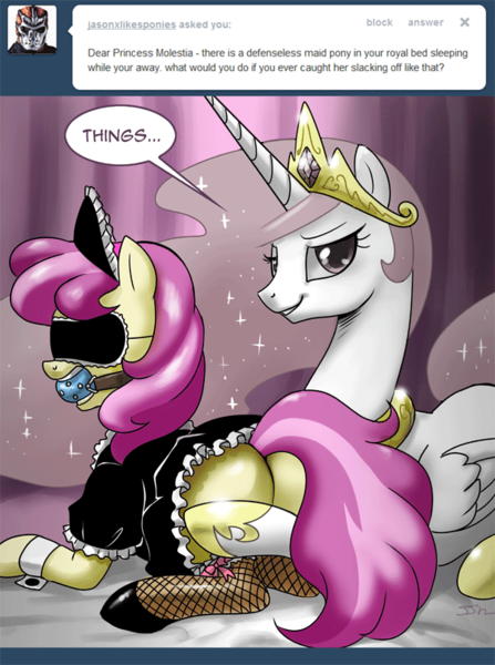 Size: 600x806 | Tagged: suggestive, artist:johnjoseco, derpibooru import, princess celestia, alicorn, pony, ask princess molestia, princess molestia, ballgag, blindfold, bondage, clothes, comic, female, gag, lesbian, maid