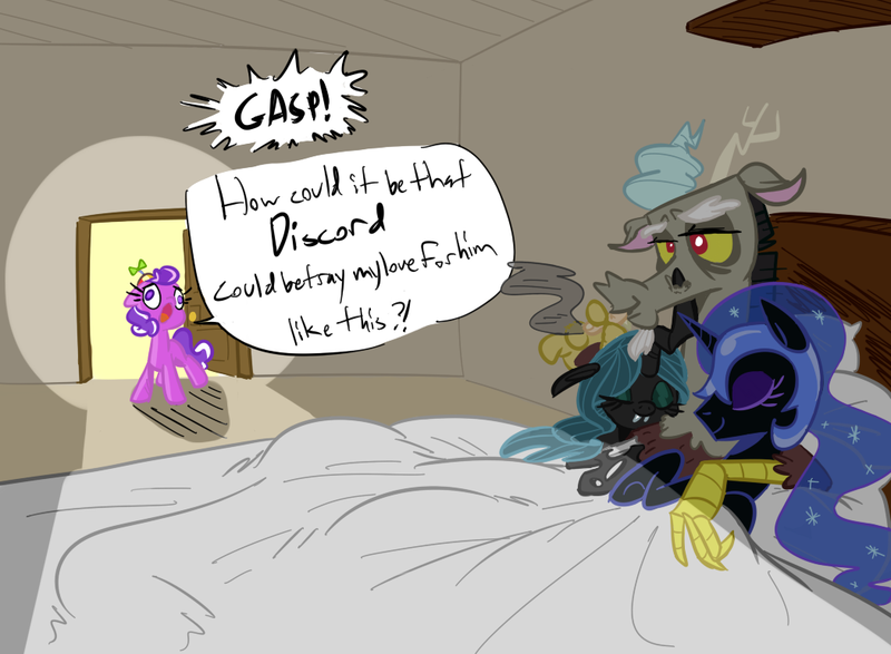 Size: 1050x770 | Tagged: adultery, artist:elslowmo, artist:tess, bed, caught, changeling, changeling queen, comic, cuddling, derp, derpibooru import, discord, discord gets all the mares, door, eyes closed, female, gasp, horn impalement, hug, human finger, implied infidelity, implied sex, infidelity, nightmare moon, :o, open mouth, queen chrysalis, reverse foalcon, screwball, shipping denied, sleeping, smiling, smirk, smoking, snuggling, suggestive, wat, wide eyes