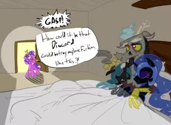 Size: 1050x770 | Tagged: adultery, artist:elslowmo, artist:tess, bed, caught, changeling, changeling queen, comic, cuddling, derp, derpibooru import, discord, discord gets all the mares, door, eyes closed, female, gasp, horn impalement, hug, human finger, implied infidelity, implied sex, infidelity, nightmare moon, :o, open mouth, queen chrysalis, reverse foalcon, screwball, shipping denied, sleeping, smiling, smirk, smoking, snuggling, suggestive, wat, wide eyes