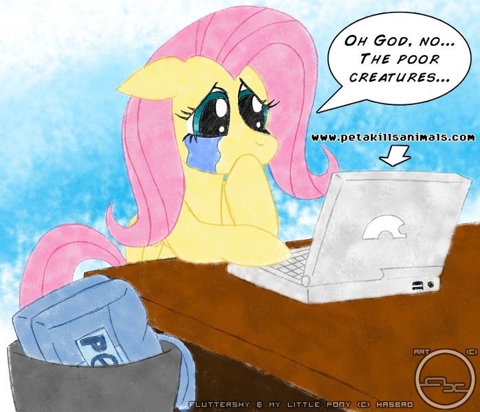 Size: 1773x1523 | Tagged: safe, artist:arbok-x, derpibooru import, fluttershy, pegasus, pony, arrow, bag, computer, crying, desk, female, floppy ears, hoof over mouth, laptop computer, looking at something, mare, peta, sad, shocked, solo, speech bubble, teary eyes, text, trash can