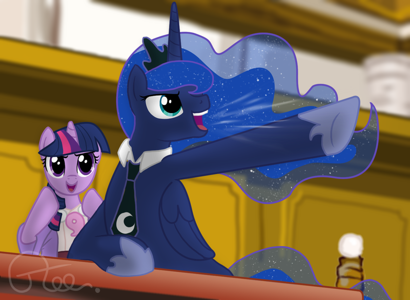 Size: 1366x1000 | Tagged: ace attorney, artist:mischakins, derpibooru import, objection, parody, phoenix wright, princess luna, safe, twilight sparkle