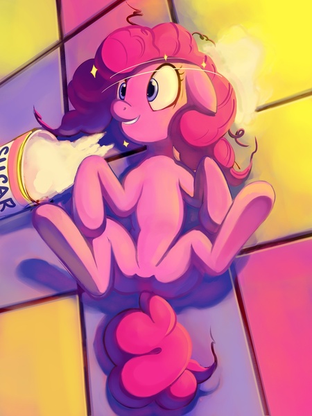 Size: 1500x2000 | Tagged: artist:maxtaka, circling stars, derpibooru import, featureless crotch, floppy ears, on back, pinkie pie, safe, solo, sugar (food), sugar rush, this will end in tears, xk-class end-of-the-world scenario