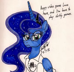 Size: 1040x1007 | Tagged: safe, artist:newyorkx3, derpibooru import, princess luna, alicorn, pony, angry video game nerd, clothes, crown, dialogue, ethereal mane, glasses, jewelry, looking at you, regalia, shirt, simple background, solo, starry mane, traditional art, vulgar, white background