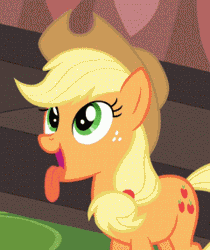 Size: 240x286 | Tagged: safe, derpibooru import, screencap, applejack, earth pony, pony, mmmystery on the friendship express, animated, cowboy hat, drool, eyes on the prize, female, hat, looking up, mare, open mouth, panting, reaction image, silly, silly pony, smiling, solo, sparkles, starry eyes, stetson, tongue out, who's a silly pony, wingding eyes