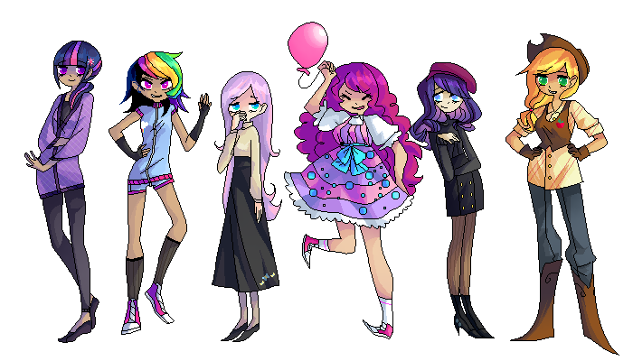 Size: 700x400 | Tagged: applejack, artist:nekokamii, artist:tearzah, balloon, beatnik rarity, beret, clothes, converse, cowboy vest, dark skin, derpibooru import, dress, fluttershy, gloves, hat, human, humanized, line-up, long skirt, mane six, pinkie pie, pixel art, rainbow dash, rarity, safe, shoes, shorts, simple background, skirt, transparent background, twilight sparkle, vest