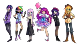 Size: 700x400 | Tagged: applejack, artist:nekokamii, artist:tearzah, balloon, beatnik rarity, beret, clothes, converse, cowboy vest, dark skin, derpibooru import, dress, fluttershy, gloves, hat, human, humanized, line-up, long skirt, mane six, pinkie pie, pixel art, rainbow dash, rarity, safe, shoes, shorts, simple background, skirt, transparent background, twilight sparkle, vest