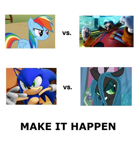 Size: 1336x1392 | Tagged: all caps, changeling, changeling queen, derpibooru import, doctor eggman, exploitable meme, female, make it happen, meme, meta, queen chrysalis, rainbow dash, safe, sonic the hedgehog, sonic the hedgehog (series), vs