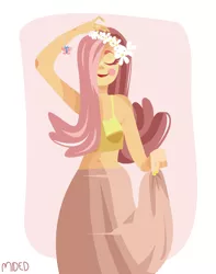 Size: 1080x1368 | Tagged: artist:octoroxxx, belly button, clothes, derpibooru import, eyes closed, floral head wreath, fluttershy, human, humanized, long skirt, midriff, safe, skirt, smiling, solo, tanktop