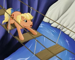 Size: 896x717 | Tagged: safe, artist:lisaorise, derpibooru import, applejack (g1), earth pony, pony, bridge, g1, river, rope bridge, solo, tail bow