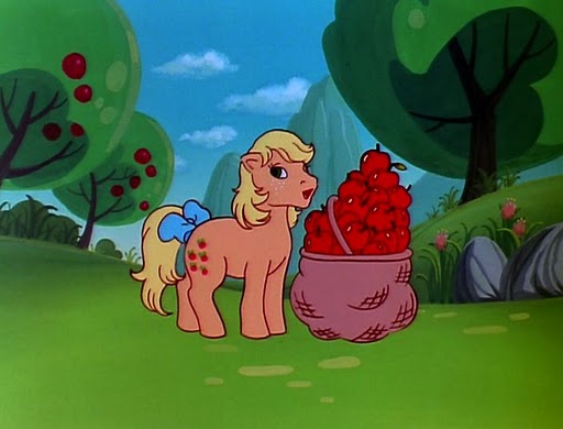 Size: 512x390 | Tagged: safe, derpibooru import, screencap, applejack (g1), rescue at midnight castle, apple, basket, bushel basket, food, g1, solo