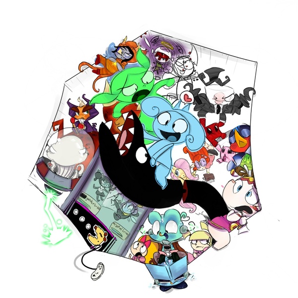 Size: 1000x1000 | Tagged: animal crossing, artist:krystal-the-fox, barely pony related, blossom (powerpuff girls), charlotte, crossover, derpibooru import, dick figures, fluttershy, homestuck, kirby, kirby (character), making fiends, martian, metal slug, mrs. pacman, ripto, safe, spyro the dragon, super meat boy, the powerpuff girls, vendetta, volbeat, vriska serket, zero two