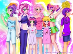 Size: 1042x766 | Tagged: armpits, belly button, breasts, cheerilee (g3), cheerleader, cheerleader outfit, cleavage, clothes, core seven, derpibooru import, dress, female, g3, g3.5, humanized, midriff, pinkie pie (g3), rainbow dash (g3), safe, scootaloo (g3), skirt, sports bra, starsong, sweetie belle (g3), toola roola