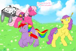 Size: 1000x678 | Tagged: artist needed, source needed, safe, derpibooru import, bon bon (g1), oc, earth pony, pony, my little pony tales, exclamation point, g1, skull, wat