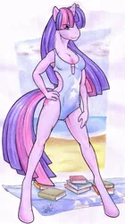 Size: 421x750 | Tagged: anthro, artist:freckles, beach, breasts, clothes, derpibooru import, female, one-piece swimsuit, open-back swimsuit, pinup, solo, solo female, suggestive, swimsuit, twilight sparkle, unguligrade anthro