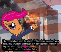 Size: 1330x1150 | Tagged: semi-grimdark, derpibooru import, scootaloo, pony, 9/11, bad taste, clothes, crying, flag, never forget, president, solo, suit, text, tower