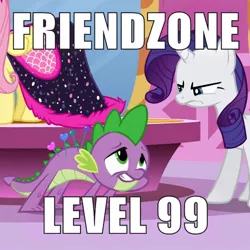 Size: 1000x1000 | Tagged: caption, cropped, derpibooru import, duo focus, edit, edited screencap, fluttershy, friendzone, frown, green isn't your color, image macro, pin, pincushion spike, rarity, safe, screencap, spike