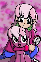 Size: 548x818 | Tagged: safe, artist:quarium, derpibooru import, cheerilee, earth pony, human, pony, brush, clothes, female, human ponidox, humanized, mare, scarf, sweater