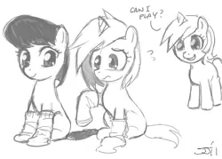 Size: 900x643 | Tagged: artist:johnjoseco, clothes, cute, derpibooru import, filly, grayscale, lyra heartstrings, monochrome, octavia melody, safe, socks, tavibetes, vinylbetes, vinyl scratch