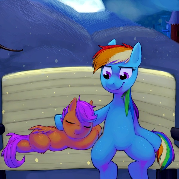 Size: 900x900 | Tagged: artist:9go, bench, derpibooru import, duo, rainbow dash, safe, scootaloo, scootalove, sitting, sleeping