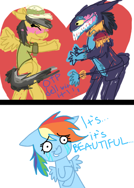 Size: 500x700 | Tagged: ahuizotl, artist:woop-de-de-doo, blushing, crying, daring do, darizotl, derpibooru import, eyes closed, female, floppy ears, hilarious in hindsight, male, rainbow dash, safe, shipping, smiling, straight, wide eyes