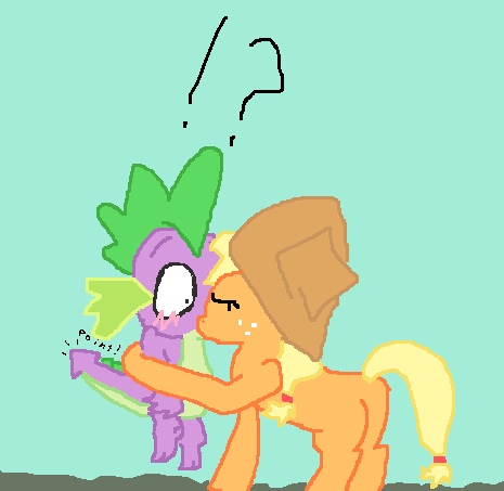 Size: 465x453 | Tagged: applejack, applespike, artist needed, derpibooru import, female, kissing, male, safe, shipping, spike, straight, surprised, surprise kiss, tailboner