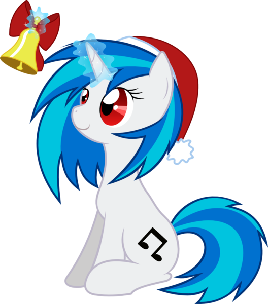 Size: 855x972 | Tagged: safe, artist:deonna2018, artist:nazoth, derpibooru import, vinyl scratch, pony, unicorn, bell, bow, female, hat, image, jingle bells, levitation, magic, mare, png, ribbon, santa hat, simple background, sitting, solo, transparent background