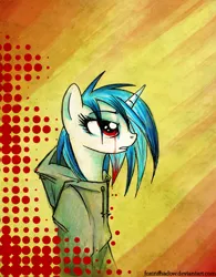 Size: 600x769 | Tagged: semi-grimdark, artist:foxinshadow, derpibooru import, vinyl scratch, pony, unicorn, abstract background, blood, clothes, hoodie, profile, solo