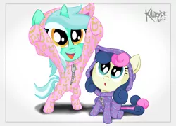 Size: 2500x1800 | Tagged: artist:killryde, bipedal, bon bon, clothes, derpibooru import, duo, filly, footed sleeper, lyra heartstrings, pajamas, safe, sweetie drops