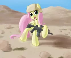 Size: 1200x979 | Tagged: safe, artist:whatsapokemon, derpibooru import, fluttershy, aimpoint, ar15, gun, military, reflex sight, rifle, solo, weapon