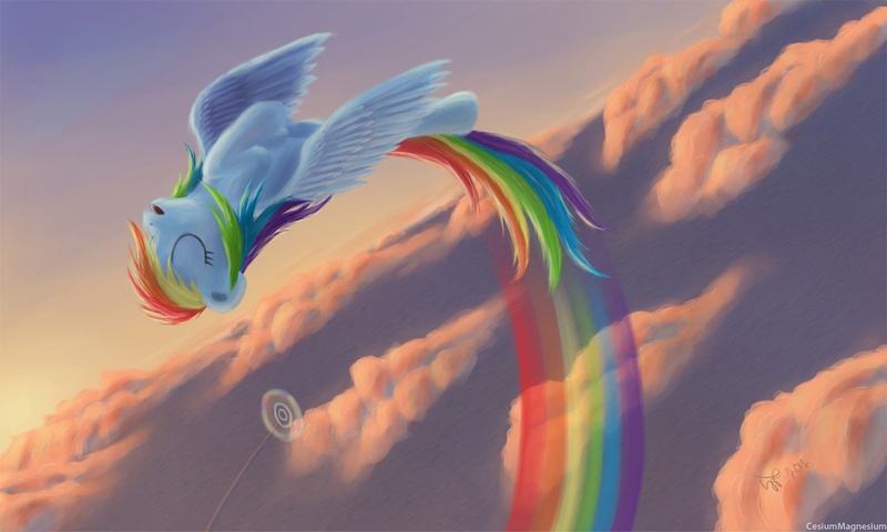 Size: 1500x900 | Tagged: aerobatics, artist:cesiummagnesium, cloud, cloudy, derpibooru import, drawing, eyes closed, flying, open mouth, rainbow dash, rainbow trail, safe, solo, sonic rainboom, sunset, traditional art