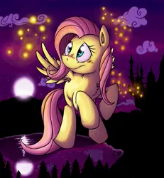 Size: 1237x1341 | Tagged: artist:raunchyopposition, canterlot, derpibooru import, firefly (insect), fluttershy, flying, glow, night, reflection, safe, water