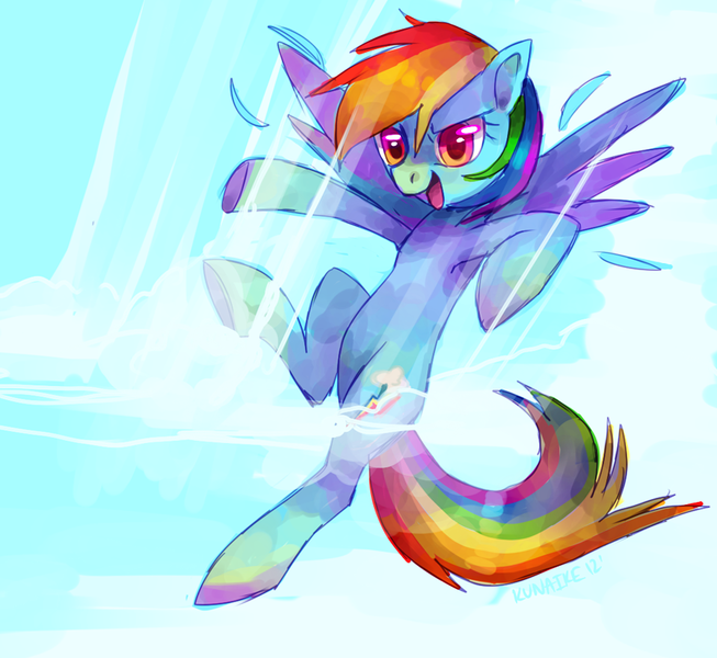 Size: 900x827 | Tagged: artist:kunaike, derpibooru import, divekick, flying, rainbow dash, safe, solo