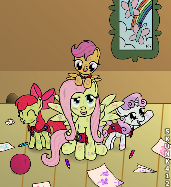 Size: 701x766 | Tagged: dead source, safe, artist:skunk412, derpibooru import, apple bloom, fluttershy, scootaloo, sweetie belle, ball, body doodle, crayon, cutie mark crusaders, drawing, face doodle, image, orange skin, paper plane, png, white skin, yellow skin