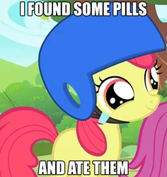 Size: 857x909 | Tagged: and ate them, apple bloom, cropped, derpibooru import, edit, edited screencap, helmet, i found pills, i found pills and ate them, image macro, pills, safe, scootaloo, screencap, solo focus, the cutie mark chronicles