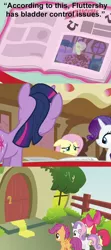Size: 600x1350 | Tagged: safe, derpibooru import, edit, edited screencap, screencap, apple bloom, fluttershy, rarity, scootaloo, sweetie belle, twilight sparkle, earth pony, pegasus, pony, unicorn, ponyville confidential, the super speedy cider squeezy 6000, comic, cutie mark crusaders, female, filly, foal free press, gabby gums, implied bedwetting, mare, screencap comic, urine