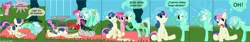 Size: 2000x338 | Tagged: safe, artist:cgeta, derpibooru import, bon bon, lyra heartstrings, pinkie pie, sweetie drops, earth pony, pony, unicorn, anvil, circling stars, comic, derp, dizzy, faic, female, knocked silly, mare, ouch, reality ensues, realization, slapstick, spanish, squeans, tongue out, translation