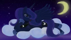 Size: 1920x1080 | Tagged: artist:macalaniaa, cloud, crescent moon, derpibooru import, night, princess luna, prone, safe, solo, wallpaper