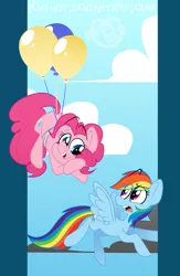 Size: 1024x1575 | Tagged: safe, artist:kiki-kit, derpibooru import, pinkie pie, rainbow dash, balloon, cloud, cloudy, female, lesbian, pinkiedash, shipping, then watch her balloons lift her up to the sky