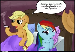Size: 1200x836 | Tagged: suggestive, artist:argoth, derpibooru import, applejack, rainbow dash, earth pony, pony, aftersex, appledash, bed, cigarette, comic sans, female, lesbian, mare, pillow, ruined for marriage, shipping, smoking, spanish, translation